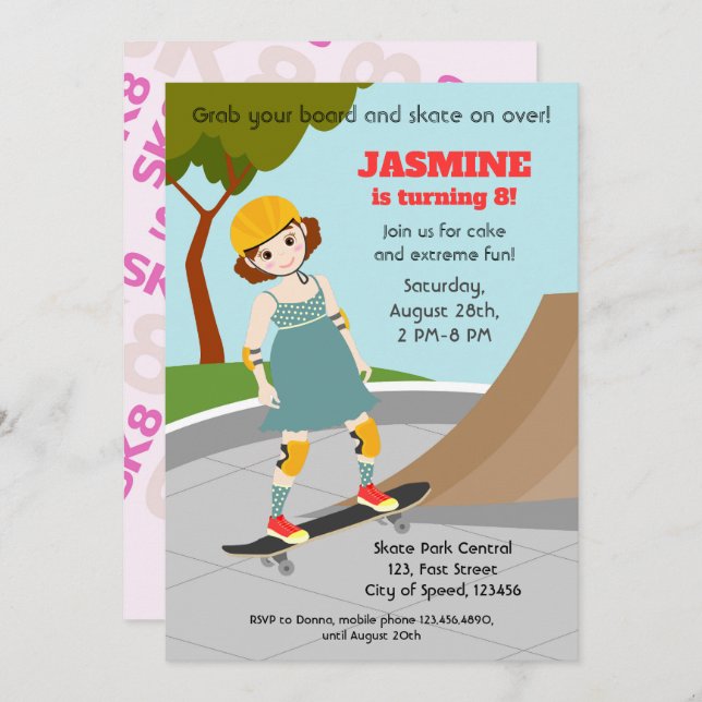 Skater Park Fun Girl Birthday Party Invitation (Front/Back)