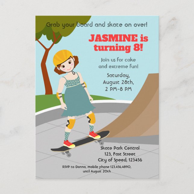Skater Park Fun Girl Birthday Party Invitation Postcard (Front)