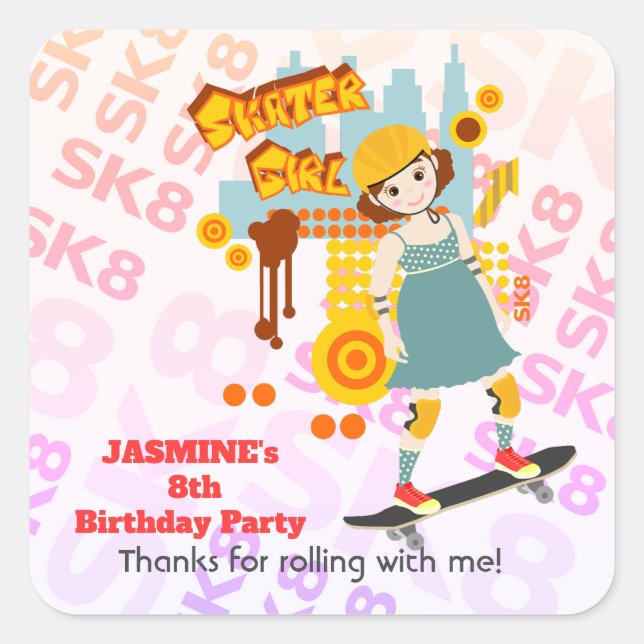 Skater Park Fun Girl Birthday Party Square Sticker (Front)