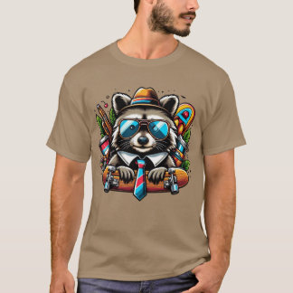 Skater Racoon  Cool Animal with Backpack and Skat T-Shirt