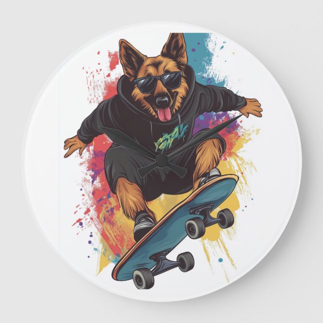 Skater Shepherd � Cool Skateboard Dog Large Clock (Front)