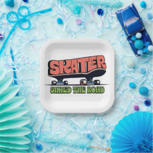 Skater Shred the Road – Retro 70s Skateboarding Paper Plate