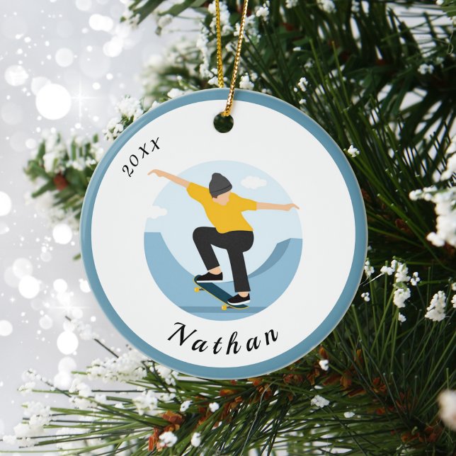Skater Skateboarding Boy Custom Kid Name & Year Ceramic Tree Decoration (Creator Uploaded)