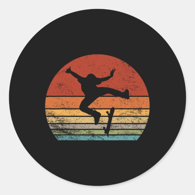 Skaters Having Fun Retro Sunset Skateboard Gift Te Classic Round Sticker (Front)