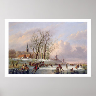 Skaters on a Frozen River before Windmills (oil on Poster