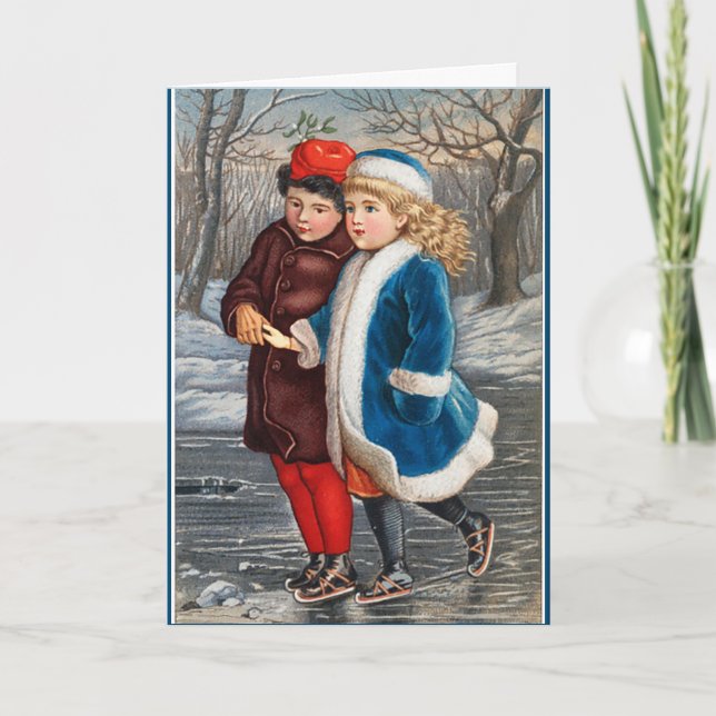 Skating In A Winter Pond Vintage Holiday Card  (Front)