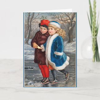 Skating In A Winter Pond Vintage Holiday Card 