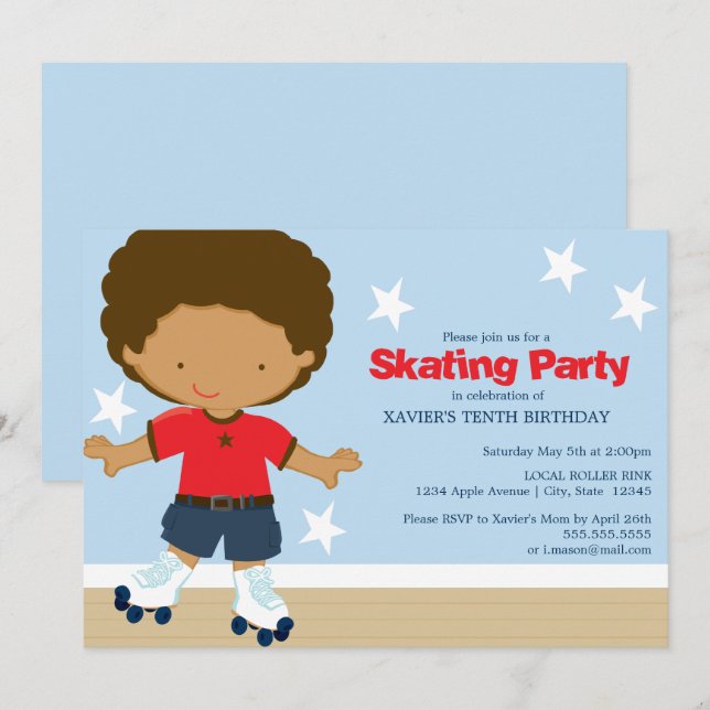 Skating Party | African American boy Invitation (Front/Back)