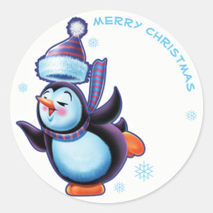 Skating penguin Christmas label sticker