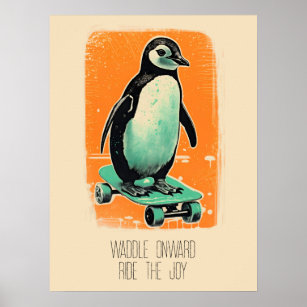 Skating Penguin, orange and turquoise Poster