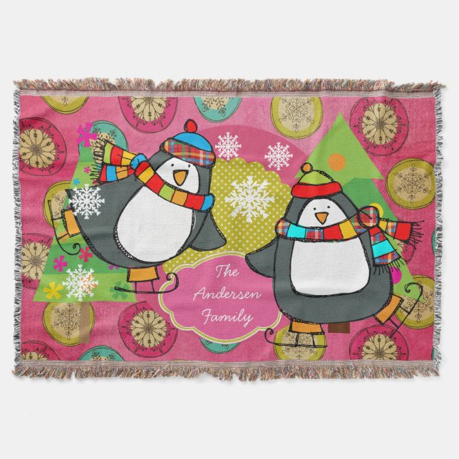 Skating Penguins and Christmas Trees Holiday Throw (Front)