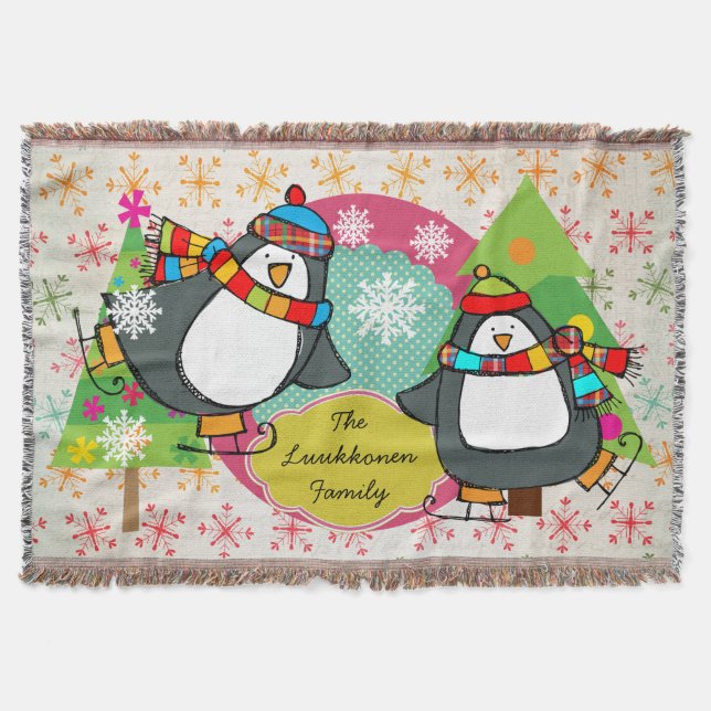 Skating Penguins and Snowflakes Holiday Throw (Front)