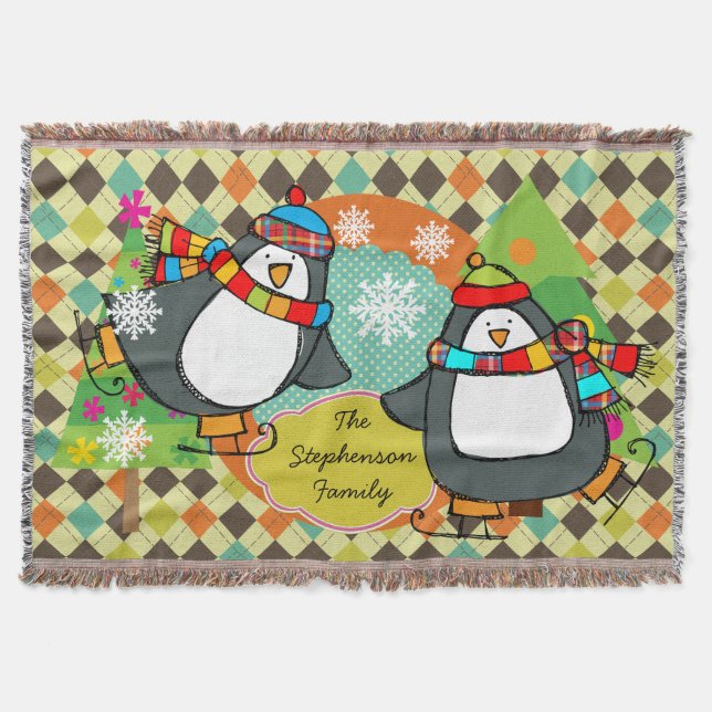 Skating Penguins Argyle Christmas Holiday Throw (Front)