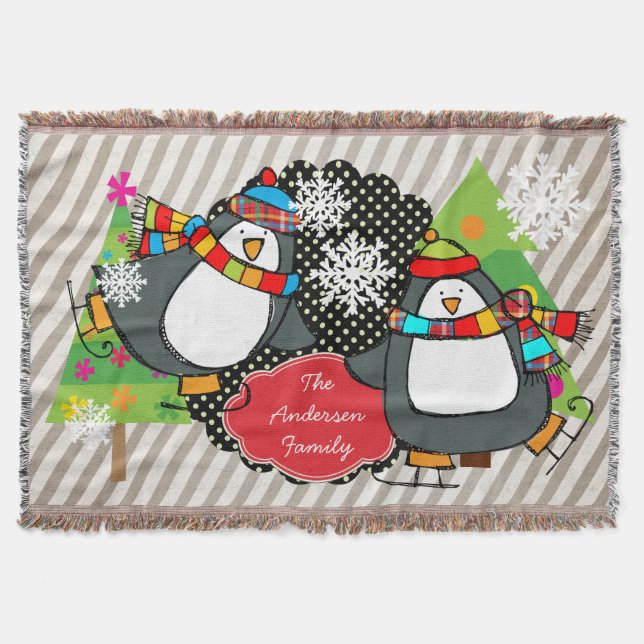 Skating Penguins Personalised Holiday Throw (Front)