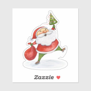 Skating Santa Cute Christmas watercolor drawing