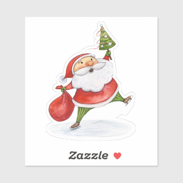Skating Santa Cute Christmas watercolor drawing (Sheet)