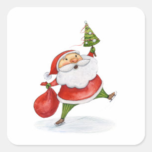 Skating Santa Cute Christmas watercolor drawing Square Sticker