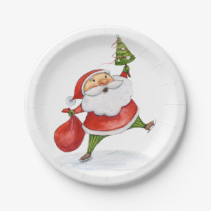 Skating Santa Cute Christmas Watercolor Paper Plate
