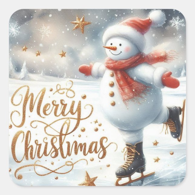 Skating Snowman Merry Christmas Square Sticker (Front)