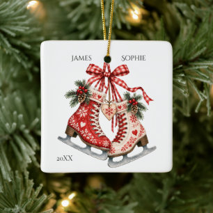 Skating Together Scandinavian Christmas Love Ceramic Ornament