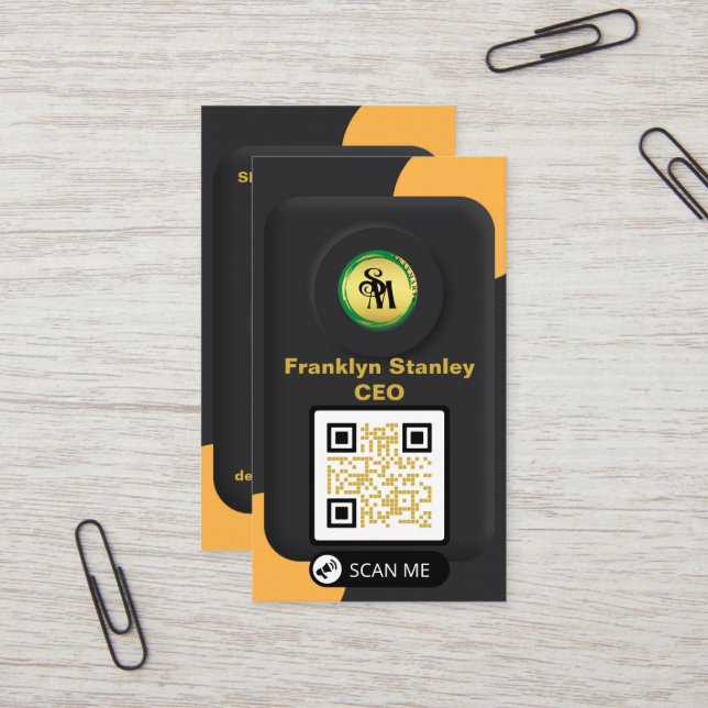 Skaymarts | Black Yellow 3D Elegant QR Code Modern Business Card (Front/Back In Situ)