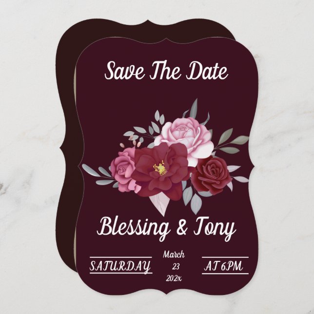 Skaymarts | Maroon Red Floral  Save The Date (Front/Back)