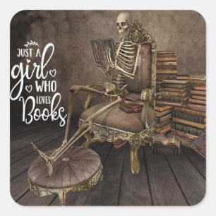 Skeletal Bookworm Girl Square Sticker