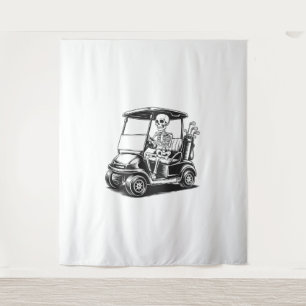 Skeletal Golfer Skull Playing Golf Tapestry