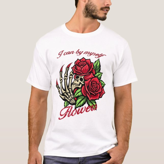 Skeletal Hand Holding Red Roses Self-Care T-Shirt  (Front)