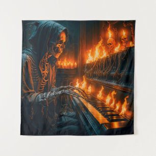 Skeletal Pianist in Flaming Gothic Scene Tapestry