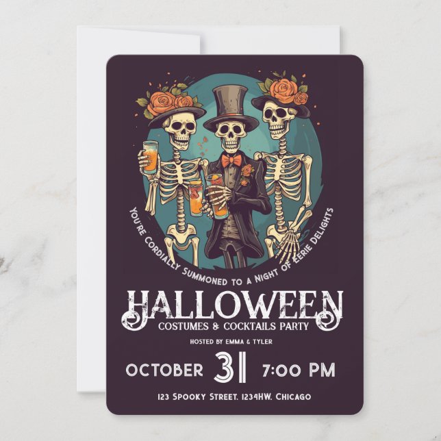 Skeleton Adult Halloween Costume Cocktail  Party  Invitation (Front)