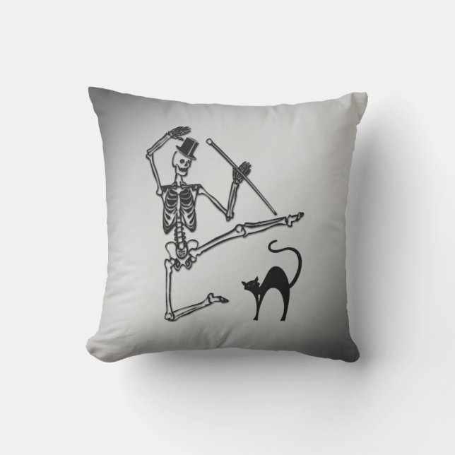 Skeleton and Black Cat Dance Halloween Cushion (Front)