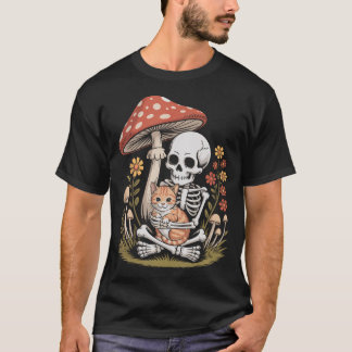 Skeleton And Cat Companion Woodland Forest Fungi T-Shirt