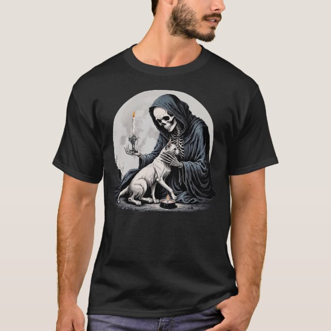 Skeleton And Cat Cute Kitten Halloween Spooky Full T-Shirt (Front)