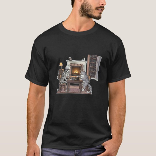 Skeleton and Cat Playing Chess T-Shirt (Front)