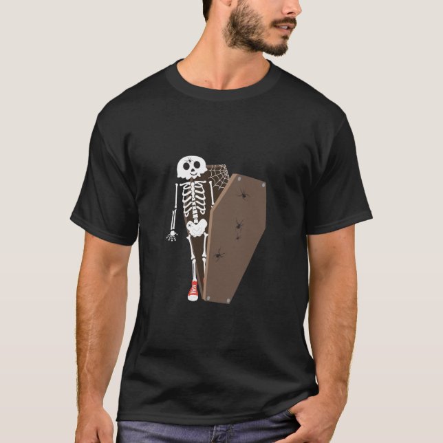 Skeleton and Coffin Halloween Design T-Shirt (Front)