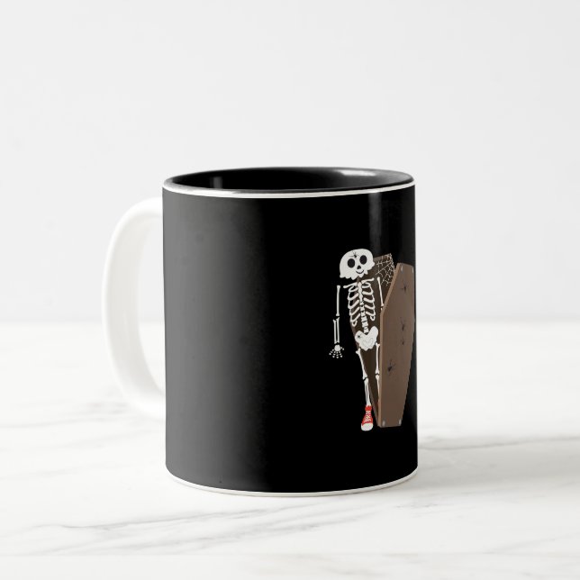 Skeleton and Coffin Halloween Design Two-Tone Coffee Mug (Front Left)