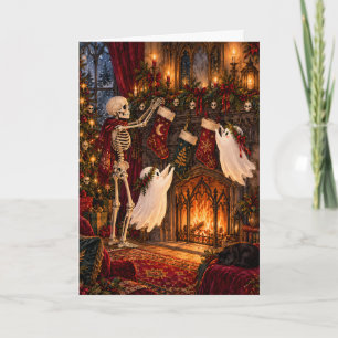 Skeleton and Cute Ghost Hanging Stockings Creepmas Holiday Card