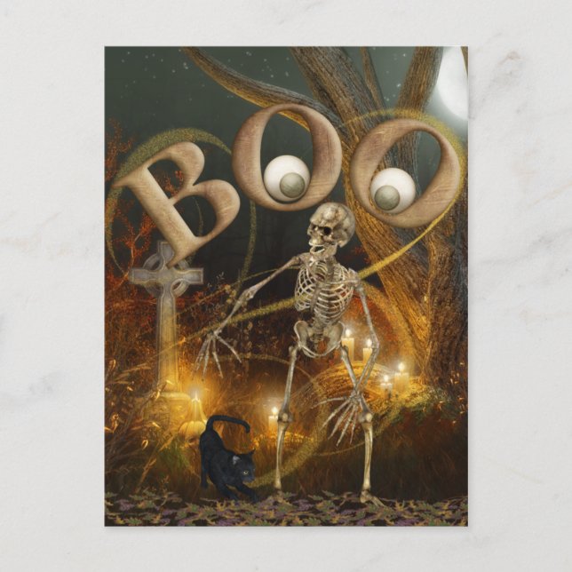 Skeleton and Grave Halloween Postcard (Front)