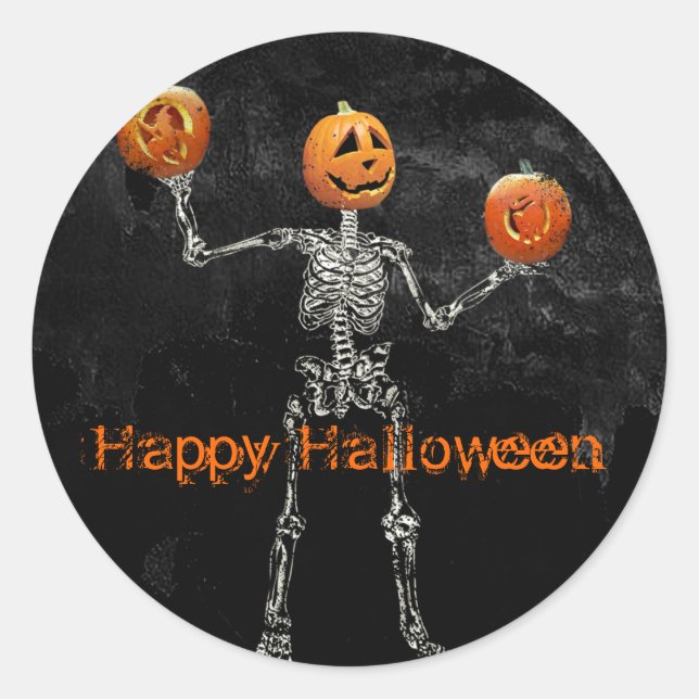 Skeleton and  Jack O' Lanterns Classic Round Sticker (Front)