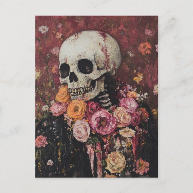 Skeleton and  Pink Flowers Postcard (Front)