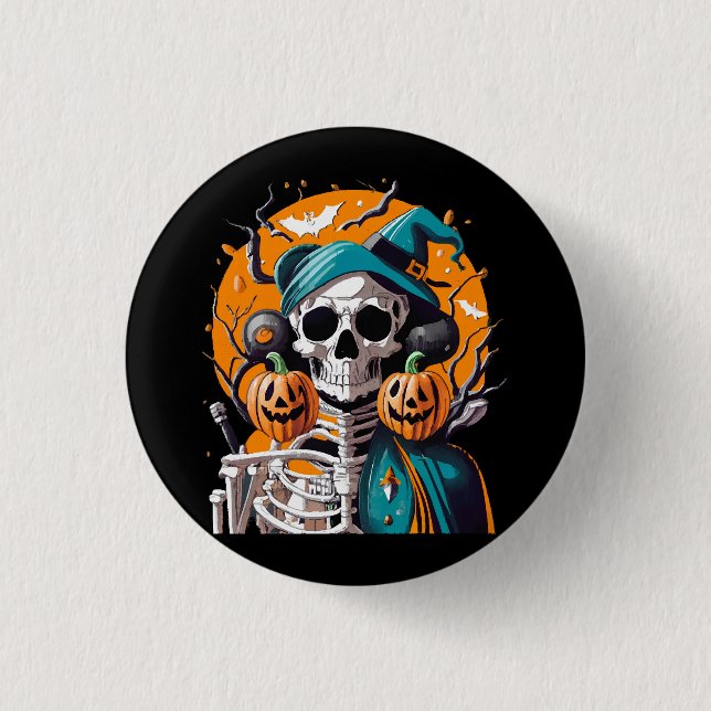 Skeleton and pumpkin 3 cm round badge (Front)