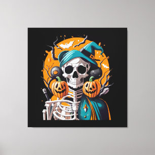 Skeleton and pumpkin canvas print