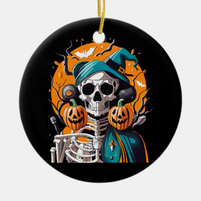 Skeleton and pumpkin ceramic tree decoration (Front)