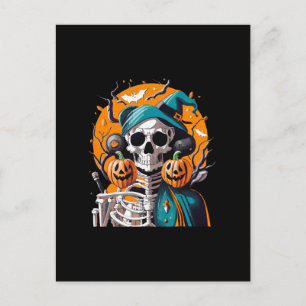 Skeleton and pumpkin postcard