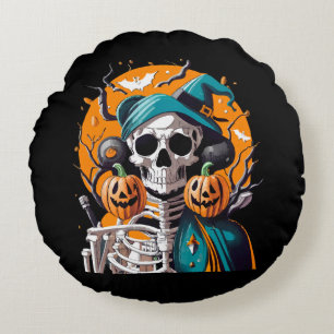 Skeleton and pumpkin round cushion