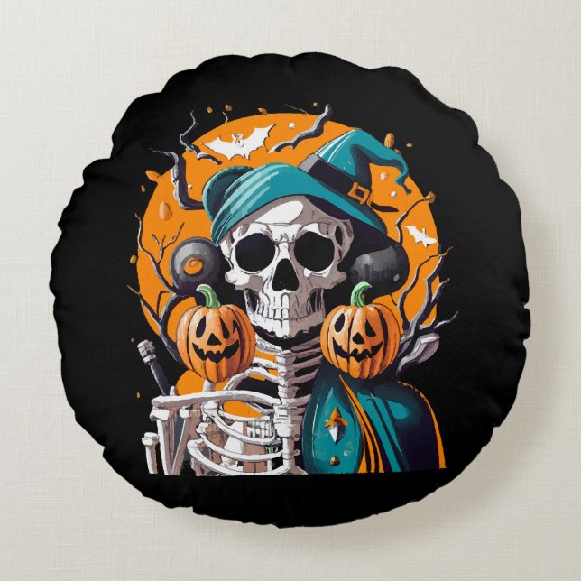 Skeleton and pumpkin round cushion (Front)