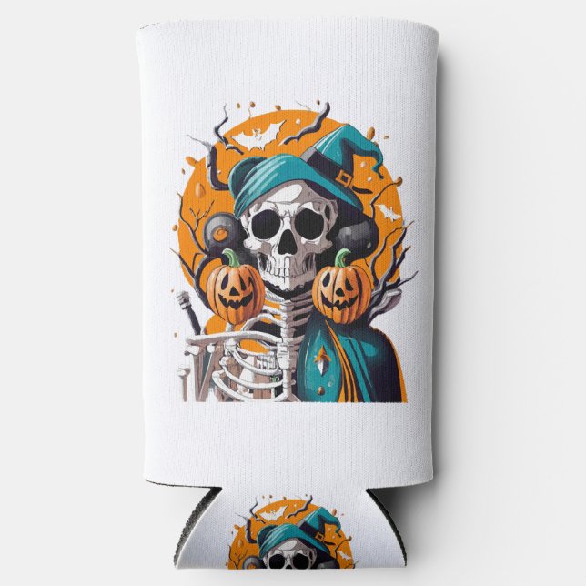 Skeleton and pumpkin seltzer can cooler (Front)