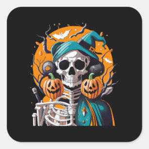 Skeleton and pumpkin square sticker