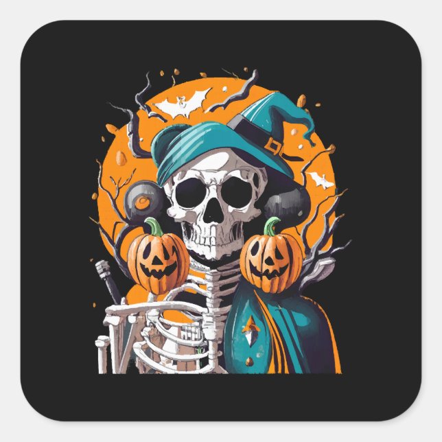 Skeleton and pumpkin square sticker (Front)